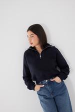 Lacivert Yakası Fermuarlı Şardonlu Sweatshirt