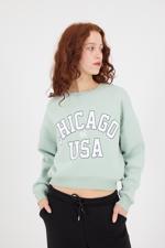 Yeşil CHICAGO Yazılı Şardonlu Sweatshirt