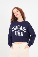 Lacivert CHICAGO Yazılı Şardonlu Sweatshirt