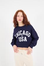 Lacivert CHICAGO Yazılı Şardonlu Sweatshirt