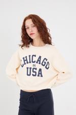 Bej CHICAGO Yazılı Şardonlu Sweatshirt