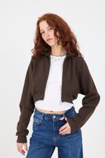 Kahverengi Şardonlu Kapüşonlu Crop Sweatshirt