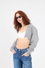 Gri Şardonlu Kapüşonlu Crop Sweatshirt