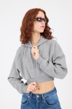 Gri Şardonlu Kapüşonlu Crop Sweatshirt