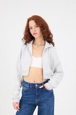 Bej Şardonlu Kapüşonlu Crop Sweatshirt