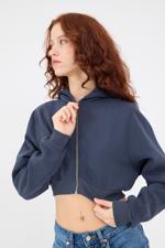 Lacivert Şardonlu Kapüşonlu Crop Sweatshirt