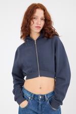 Lacivert Şardonlu Kapüşonlu Crop Sweatshirt