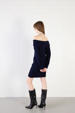 Lacivert Kayık Yaka Uzun Kol Triko Elbise