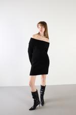 Siyah Kayık Yaka Uzun Kol Triko Kısa Elbise