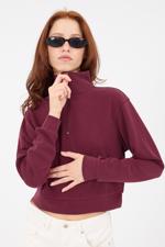 Bordo Dik Yaka Yarım Fermuarlı Modal Sweatshirt