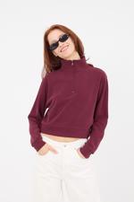 Bordo Dik Yaka Yarım Fermuarlı Modal Sweatshirt