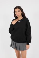 Siyah Bisiklet Yaka Şardonlu Basic Sweatshirt