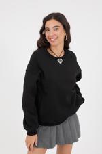 Siyah Bisiklet Yaka Şardonlu Basic Sweatshirt