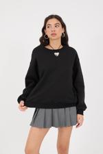 Siyah Bisiklet Yaka Şardonlu Basic Sweatshirt