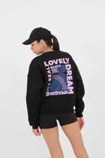 Siyah Bisiklet Yaka Love İşlemeli Şardonlu Sweatshirt