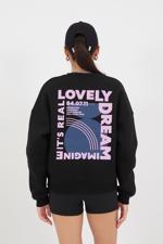 Siyah Bisiklet Yaka Love İşlemeli Şardonlu Sweatshirt