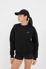 Siyah Bisiklet Yaka Love İşlemeli Şardonlu Sweatshirt