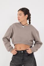 Kahverengi Bisiklet Yaka Şardonlu Crop Sweatshirt