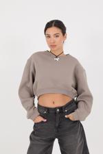 Kahverengi Bisiklet Yaka Şardonlu Crop Sweatshirt