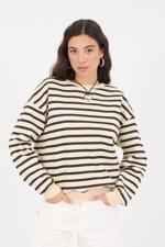 Siyah Bisiklet Yaka Şardonlu Çizgili Sweatshirt