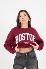 Bordo Bisiklet Yaka BOSTON Yazılı Şardonlu Sweatshirt