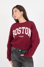 Bordo Bisiklet Yaka BOSTON Yazılı Şardonlu Sweatshirt