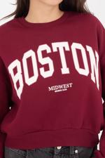 Bordo Bisiklet Yaka BOSTON Yazılı Şardonlu Sweatshirt