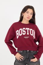 Bordo Bisiklet Yaka BOSTON Yazılı Şardonlu Sweatshirt