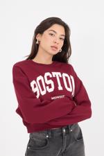 Bordo Bisiklet Yaka BOSTON Yazılı Şardonlu Sweatshirt