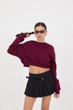 Bordo Bisiklet Yaka Şardonlu Crop Sweatshirt