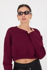 Bordo Bisiklet Yaka Şardonlu Crop Sweatshirt