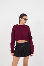 Bordo Bisiklet Yaka Şardonlu Crop Sweatshirt