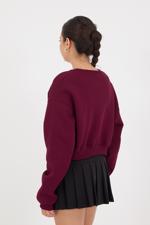 Bordo Bisiklet Yaka Şardonlu Crop Sweatshirt