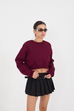 Bordo Bisiklet Yaka Şardonlu Crop Sweatshirt