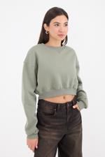 Yeşil Bisiklet Yaka Şardonlu Crop Sweatshirt