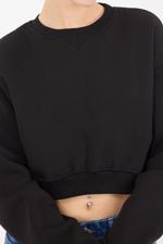 Siyah Bisiklet Yaka Şardonlu Crop Sweatshirt