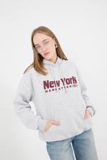 Gri New York Manhattan Yazılı Şardonlu Sweatshirt