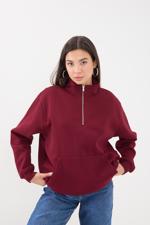 Bordo Yakası Fermuarlı Şardonlu Sweatshirt