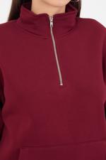 Bordo Yakası Fermuarlı Şardonlu Sweatshirt