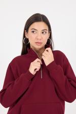 Bordo Yakası Fermuarlı Şardonlu Sweatshirt