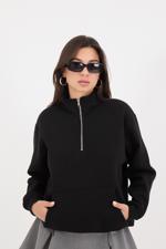 Siyah Yakası Fermuarlı Şardonlu Sweatshirt