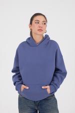 Mavi Kapüşonlu Şardonlu Basic Sweatshirt