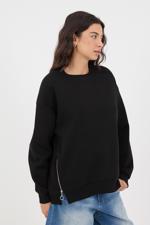 Siyah Bisiklet Yaka Yanları Fermuarlı Şardonlu Sweatshirt