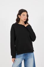 Siyah Bisiklet Yaka Yanları Fermuarlı Şardonlu Sweatshirt