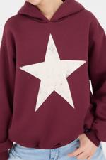 Bordo Yıldız Baskılı Kapüşonlu Şardonlu Sweatshirt