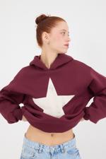 Bordo Yıldız Baskılı Kapüşonlu Şardonlu Sweatshirt