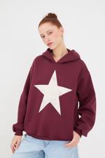 Bordo Yıldız Baskılı Kapüşonlu Şardonlu Sweatshirt