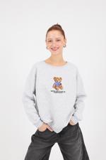 Gri Bisiklet Yaka Ayıcık İşlemeli Şardonlu Sweatshirt