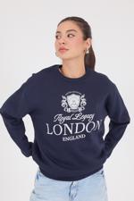 Lacivert LONDON ENGLAND Yazılı Şardonlu Sweatshirt