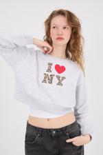 Bej I LOVE NEW YORK Yazılı Şardonlu Crop Sweatshirt